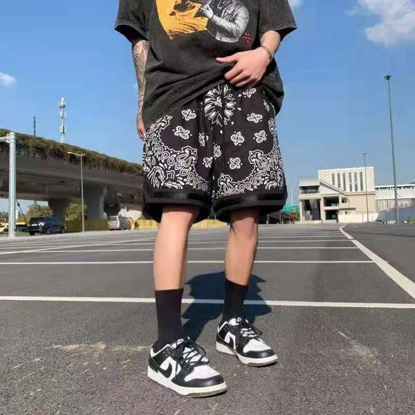 men's shorts cashew print harajuku drawstring oversize summer men and women patchwork loose hip hop casual five point pants, White;black
men's shorts cashew print harajuku drawstring oversize summer men and women patchwork loose hip hop casual five point pants, White;black