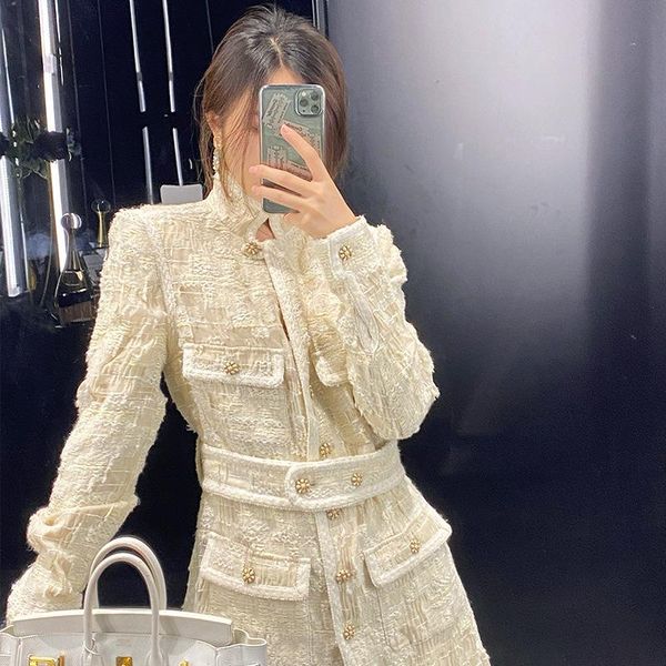 women's jackets design tweed midi jacket waistband women fall winter beaded coat long sleeve stand neck clothes, Black;brown
women's jackets design tweed midi jacket waistband women fall winter beaded coat long sleeve stand neck clothes, Black;brown