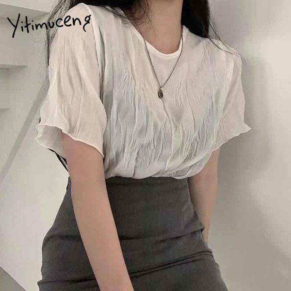 women's t-shirt yitimuceng ruched t shirts woman oversize chiffon tees short sleeve unicolor white blue black 2021 summer fashion tshi 
women's t-shirt yitimuceng ruched t shirts woman oversize chiffon tees short sleeve unicolor white blue black 2021 summer fashion tshi
