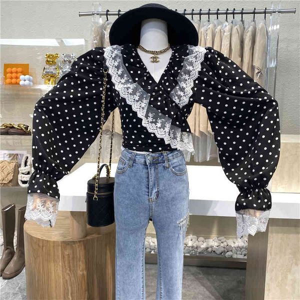 sweaters flounce lace niche design polka dot shirt 2021 sweet age reduction top, White;black
sweaters flounce lace niche design polka dot shirt 2021 sweet age reduction top, White;black