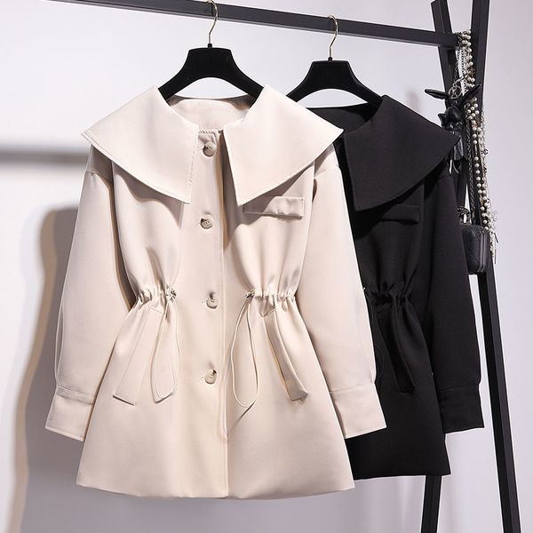 women's trench coats chic elegant peter pan collar drawstring lady jacket plus size vintage korean spring button plied without lining c, Tan;black
women's trench coats chic elegant peter pan collar drawstring lady jacket plus size vintage korean spring button plied without lining c, Tan;black