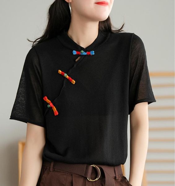 women's t-shirt 2021 retro women summer loose casual stand button short sleeve pullovers, White
women's t-shirt 2021 retro women summer loose casual stand button short sleeve pullovers, White