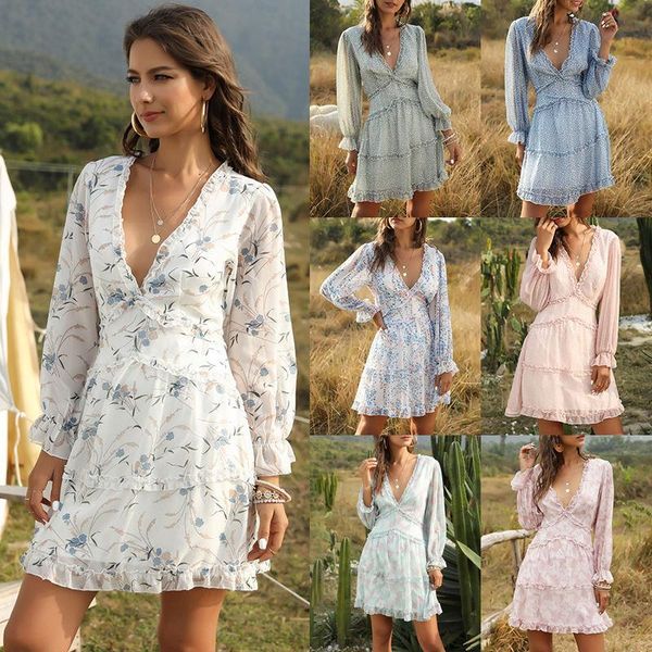 casual dresses women's v-neck floral lantern sleeve cake with ruffles selling european and american backless dress, Black;gray
casual dresses women's v-neck floral lantern sleeve cake with ruffles selling european and american backless dress, Black;gray