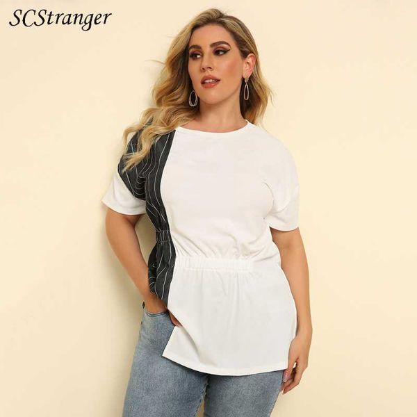 women's t-shirt plus size women clothing casual y2k fashion o neck striped stitching irregular hem short sleeved t shirt long cloth, White
women's t-shirt plus size women clothing casual y2k fashion o neck striped stitching irregular hem short sleeved t shirt long cloth, White