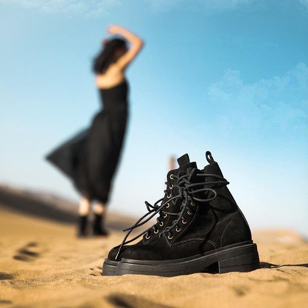 platform shoe lace-up cow suede women winter shoes round toe boots european style retro ankle thick bottom, Black
platform shoe lace-up cow suede women winter shoes round toe boots european style retro ankle thick bottom, Black
