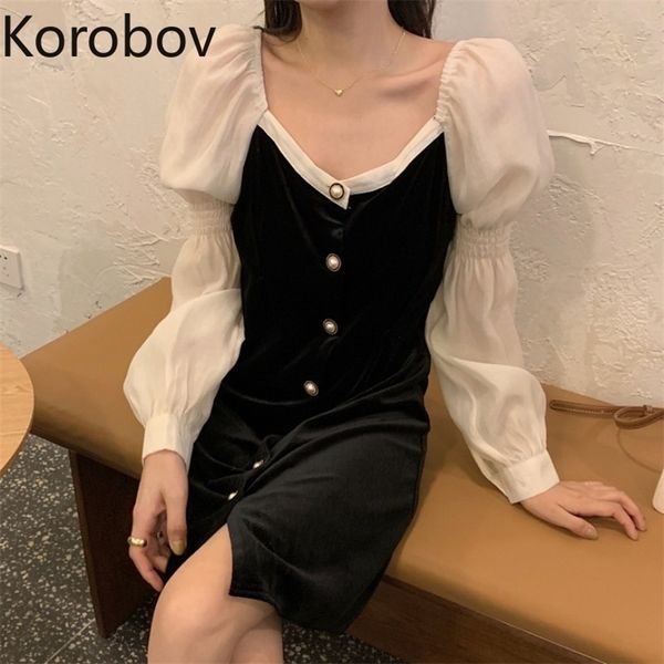 korobov new chic v neck puff sleeve patchwork women dresses korean single breasted black elegant dress vintage robe femme 210430, Black;gray
korobov new chic v neck puff sleeve patchwork women dresses korean single breasted black elegant dress vintage robe femme 210430, Black;gray