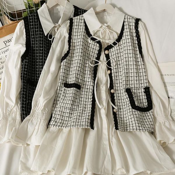 casual dresses sweet chic drawstring bow woman dress turn down collar flare long sleeve vestidos single breasted robe with tweed palid vest, Black;gray
casual dresses sweet chic drawstring bow woman dress turn down collar flare long sleeve vestidos single breasted robe with tweed palid vest, Black;gray