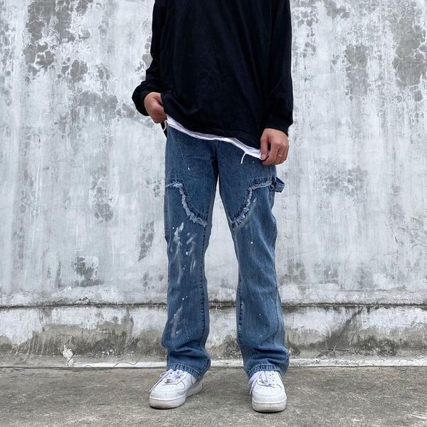 men's jeans hip hop splash ink distressed flared men streetwear side ribbon patchwork casual denim trousers male fashionable harajuku, Blue
men's jeans hip hop splash ink distressed flared men streetwear side ribbon patchwork casual denim trousers male fashionable harajuku, Blue