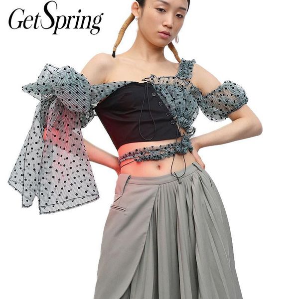 women tank dot print organza splicing asymmetric crop bow lace up vest short tanks summer 210430, White
women tank dot print organza splicing asymmetric crop bow lace up vest short tanks summer 210430, White