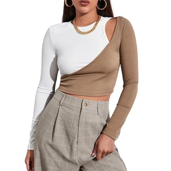 women's t-shirt women color block t-shirt, adults autumn long sleeve round neck cutout crop, White
women's t-shirt women color block t-shirt, adults autumn long sleeve round neck cutout crop, White