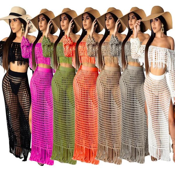 women's tracksuits crochet beach skirt sets slash neck long sleeve crop and split skirts women tassel 2 piece summer classic outfit, Gray 
women's tracksuits crochet beach skirt sets slash neck long sleeve crop and split skirts women tassel 2 piece summer classic outfit, Gray