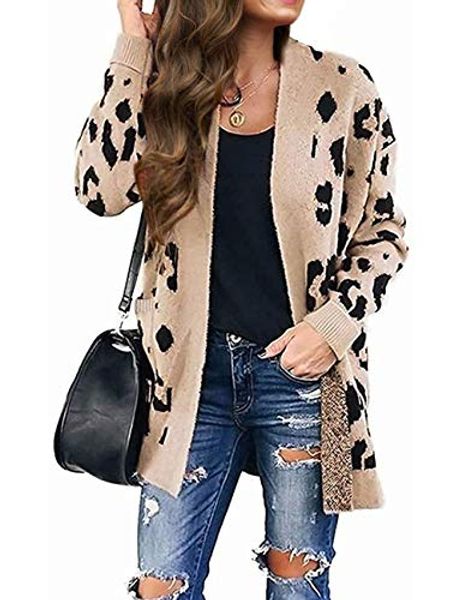 women's sweater cardigan long sleeves open front leopard print knitted coat outwear with pockets, White;black
women's sweater cardigan long sleeves open front leopard print knitted coat outwear with pockets, White;black