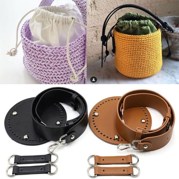 bag parts & accessories handmade weave handbag bucket set shoulder strap leather wide bottoms with hardware for handbags, Black