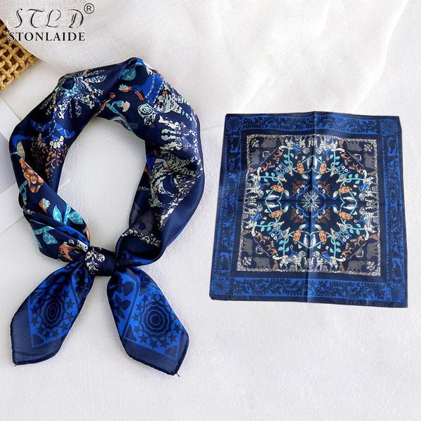58x58cm small imitation silk scarf women's all-match korean retro cartoon variety work career decorations hair bands scarves, Blue;gray
58x58cm small imitation silk scarf women's all-match korean retro cartoon variety work career decorations hair bands scarves, Blue;gray