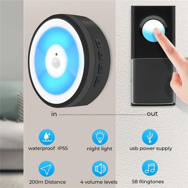 doorbells usb powered ip55 waterproof wireless smart doorbell door bell ring chime call 433mhz led night light home plug-free
doorbells usb powered ip55 waterproof wireless smart doorbell door bell ring chime call 433mhz led night light home plug-free