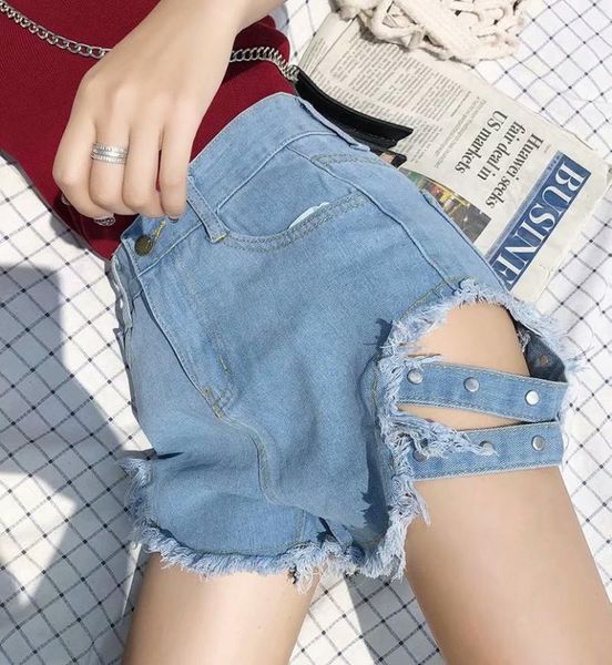 side nailed denim shorts women's loose holed high waist jeans wide leg skinny wear through pants, Blue
side nailed denim shorts women's loose holed high waist jeans wide leg skinny wear through pants, Blue