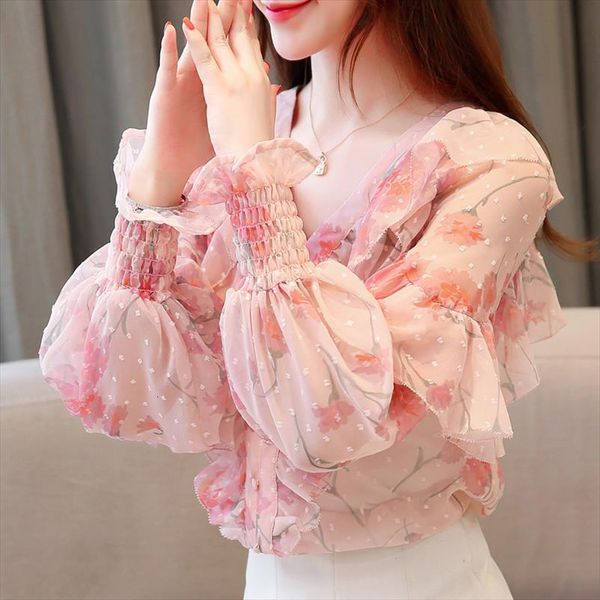 spring autumn ruffled lantern women shirt long sleeve pink printed v neck chiffon feminina blusas, White
spring autumn ruffled lantern women shirt long sleeve pink printed v neck chiffon feminina blusas, White