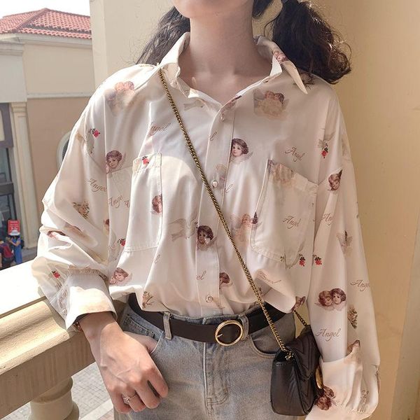 women's blouses & shirts harajuku angel print womens shirt vintage elegant blouse women autumn 2021 lantern sleeve female clothes loose, White 
women's blouses & shirts harajuku angel print womens shirt vintage elegant blouse women autumn 2021 lantern sleeve female clothes loose, White