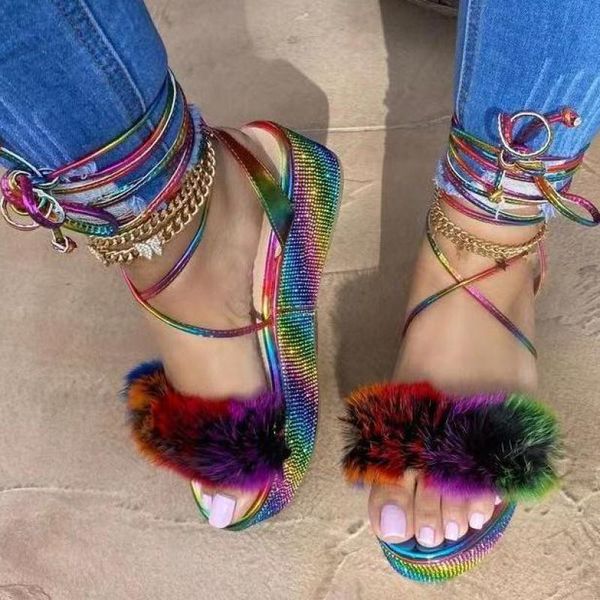 women furry platform sandals slippers rainbow rhinestone cross tied high heels ladies ankle strap shoes plus size 36-43, Black
women furry platform sandals slippers rainbow rhinestone cross tied high heels ladies ankle strap shoes plus size 36-43, Black