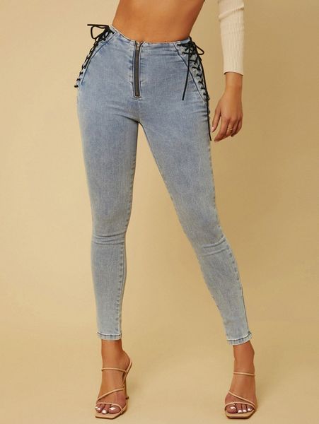 sxy zip up lace up side jeans 35wc#, Blue
