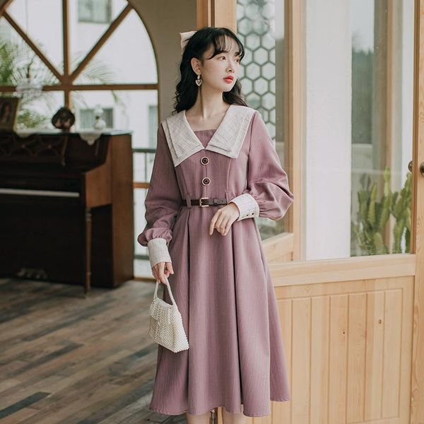 casual dresses preppy style dress women spring 2021 french double collar fashion sweet long sleeved elegant vestidos autumn with belt, Black;gray
casual dresses preppy style dress women spring 2021 french double collar fashion sweet long sleeved elegant vestidos autumn with belt, Black;gray