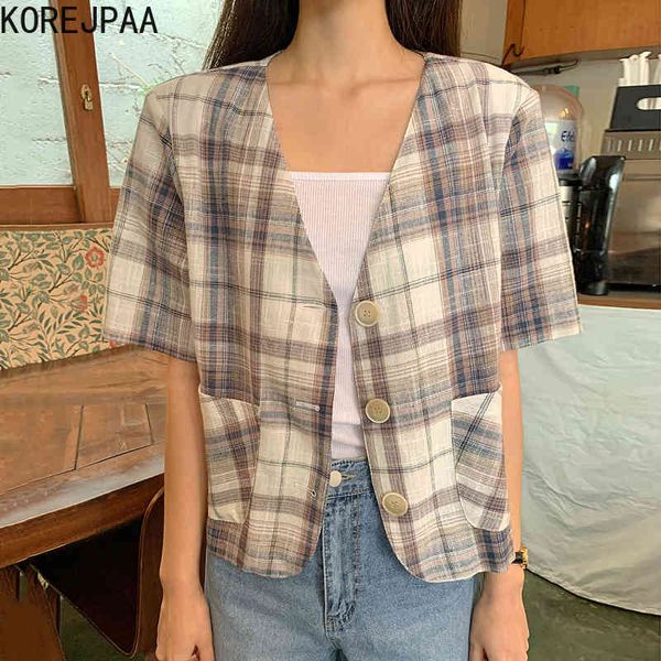 women jackets summer korean chic retro v-neck three buttons loose casual versatile double pocket plaid short coat 210514, Black;brown
women jackets summer korean chic retro v-neck three buttons loose casual versatile double pocket plaid short coat 210514, Black;brown