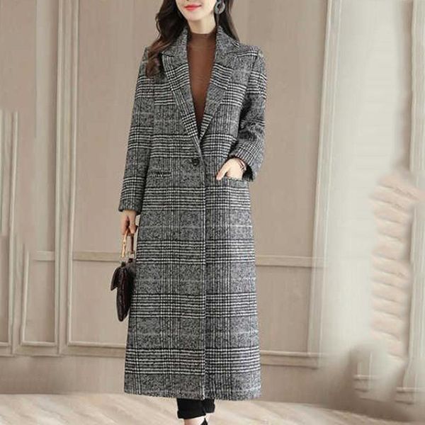 women's wool & blends womens long coat autumn and winter coats fashion women single button jacket houndstooth plaid woolen outwear, Black
