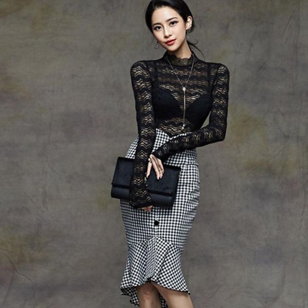 two piece dress 2 suit for women black long sleeve stand neck lace shirt + houndstooth bag hip skirt, White
two piece dress 2 suit for women black long sleeve stand neck lace shirt + houndstooth bag hip skirt, White