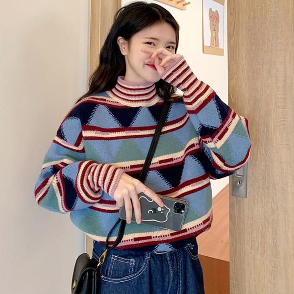 women's sweaters vintage hit color geometric jacquard sweater 2021 autumn winter knitted woman sweatersturtleneck long sleeve pullover, White;black
women's sweaters vintage hit color geometric jacquard sweater 2021 autumn winter knitted woman sweatersturtleneck long sleeve pullover, White;black
