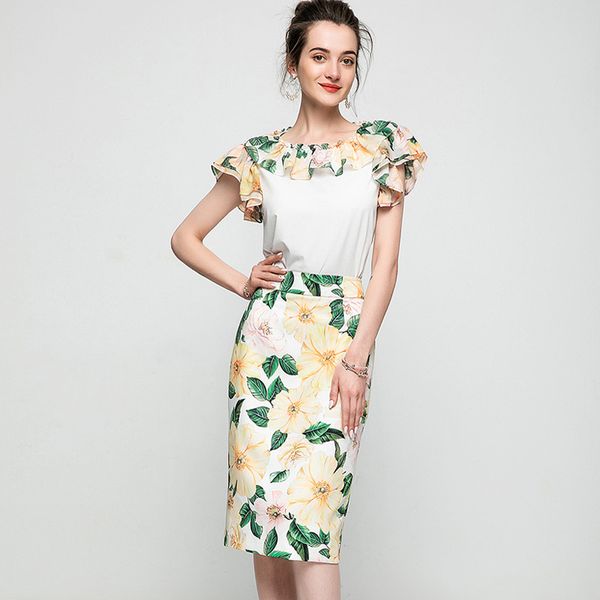 women's runway two piece dress o neck short sleeves ruffles patchwork blouse with floral pencil skirt fashion twinsets, White
women's runway two piece dress o neck short sleeves ruffles patchwork blouse with floral pencil skirt fashion twinsets, White