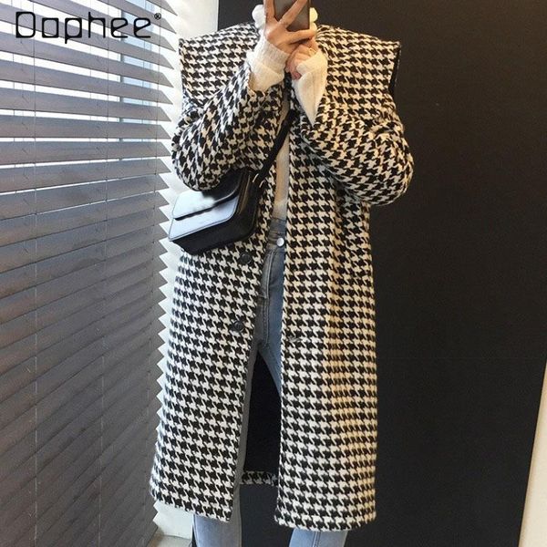 women's wool & blends 2021 autumn and winter retro chic turn-down collar houndstooth ladies plaid tweed long coat jacket, Black
women's wool & blends 2021 autumn and winter retro chic turn-down collar houndstooth ladies plaid tweed long coat jacket, Black