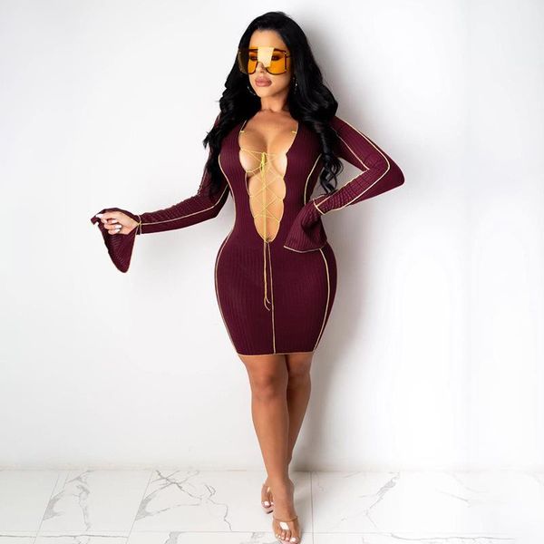 deep v neck ribbed bodycon lace up dress bandage strap flare sleeve mini casual streetwear fall party club clothes dresses, Black;gray
deep v neck ribbed bodycon lace up dress bandage strap flare sleeve mini casual streetwear fall party club clothes dresses, Black;gray