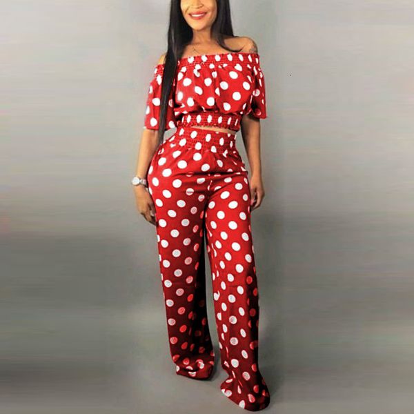 women summer 2 pieces outfits polka dot printed off shoulder crop and high waist long pants elegant streetwear workwear, White
women summer 2 pieces outfits polka dot printed off shoulder crop and high waist long pants elegant streetwear workwear, White