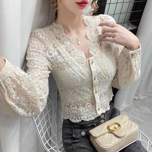 women's t-shirt vintage v-neck floral lace beige long bubble sleeve blouses zyul, White
women's t-shirt vintage v-neck floral lace beige long bubble sleeve blouses zyul, White