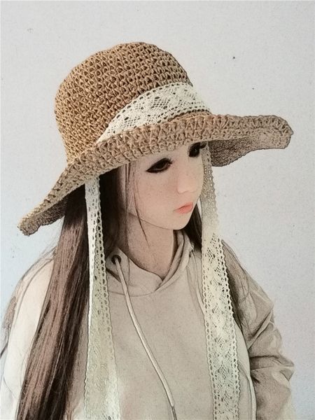 version versatile curly edge forest lace windproof straw women's sunshade hat, Black;white
version versatile curly edge forest lace windproof straw women's sunshade hat, Black;white