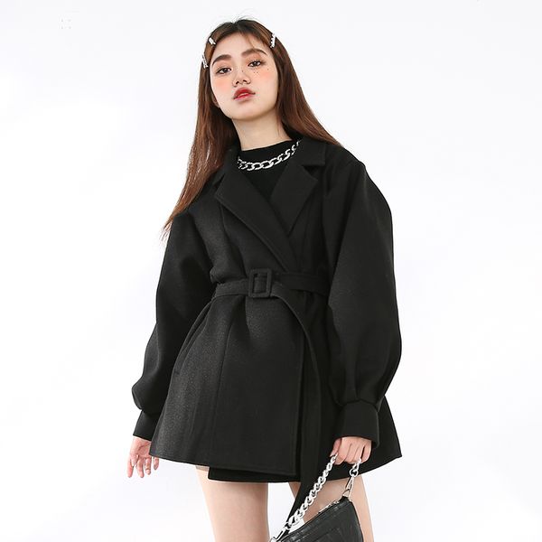 spring female turn-down collar long-sleeved jacket plus size woolen suit coat with belt black mantel 210510
spring female turn-down collar long-sleeved jacket plus size woolen suit coat with belt black mantel 210510