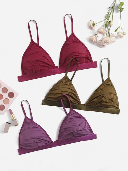 3pack plus plain ruched triangle bralette v56c#, Black;white