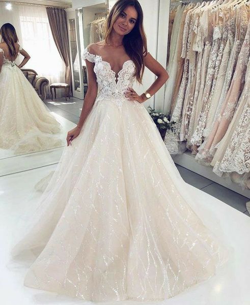 off shoulder scoop neck a line sequined wedding dresses lace appliqued sweep train backless bridal gowns, White
off shoulder scoop neck a line sequined wedding dresses lace appliqued sweep train backless bridal gowns, White