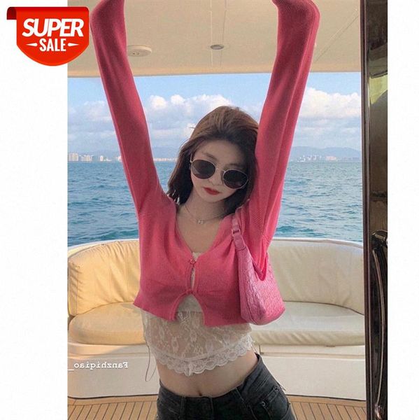 net red v-neck ice silk knit sunscreen sweater cardigan women's thin outer short slim coat #if5v, White
net red v-neck ice silk knit sunscreen sweater cardigan women's thin outer short slim coat #if5v, White