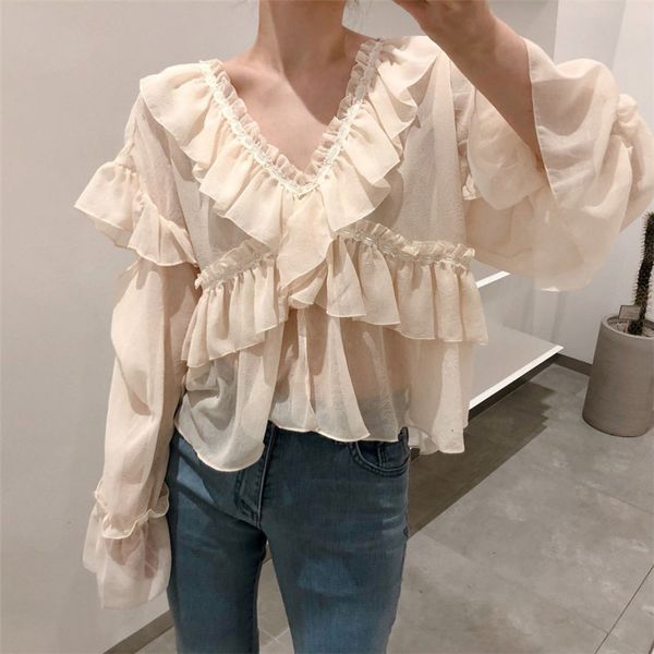 two piece dress korean ruffles chic all match summer loose 2021 casual v-neck sweet clothe fashion women solid blouses 5etq, White
two piece dress korean ruffles chic all match summer loose 2021 casual v-neck sweet clothe fashion women solid blouses 5etq, White