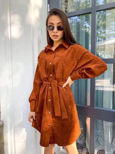 casual dresses women vintage front button sashes corduroy mini dress long sleeve brown color warm slim party 2021 autumn winter, Black;gray
casual dresses women vintage front button sashes corduroy mini dress long sleeve brown color warm slim party 2021 autumn winter, Black;gray
