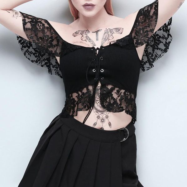 women's t-shirt brand gothic black retro bandages women short lace shirt fashion hallow out slash collar shirts female clothing, White
women's t-shirt brand gothic black retro bandages women short lace shirt fashion hallow out slash collar shirts female clothing, White