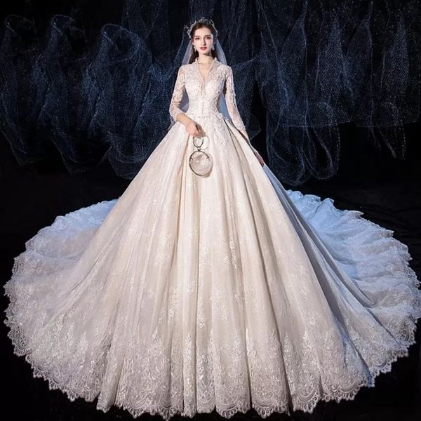 ball gown wedding dresses long sleeves lace appliqued crystal illusion back lace up boho bridal gowns long train bride dresses, White
ball gown wedding dresses long sleeves lace appliqued crystal illusion back lace up boho bridal gowns long train bride dresses, White