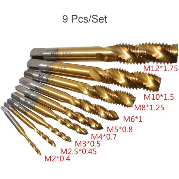 hand tools 9pcs m2-m12 titanium coated high speed steel hss screw thread metric spiral taps 425c
hand tools 9pcs m2-m12 titanium coated high speed steel hss screw thread metric spiral taps 425c