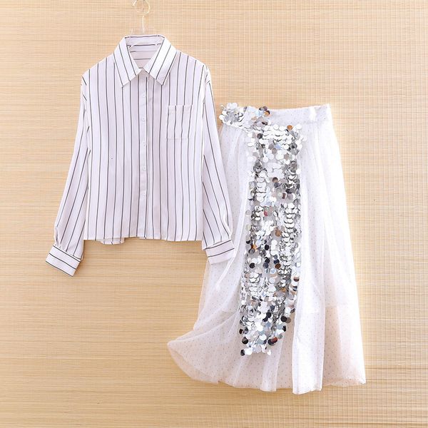 two piece dress ladies skirt high-end women summer loose white stripe shirt + mesh sequins skirt elegant lady casual suit 2 pieces set femal
two piece dress ladies skirt high-end women summer loose white stripe shirt + mesh sequins skirt elegant lady casual suit 2 pieces set femal