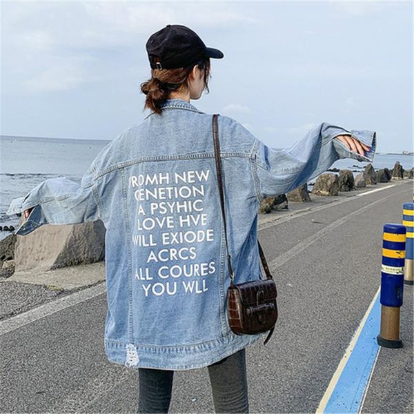 women's jackets 2021 women denim frayed jacket back letter print loose long female jean oversize korean stylish wide coat femme veste, Black;brown
women's jackets 2021 women denim frayed jacket back letter print loose long female jean oversize korean stylish wide coat femme veste, Black;brown