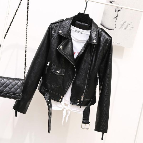 women's leather & faux autumn soft black punk jacket coats women pu serpentine moto zipper rivet short outwear with belt