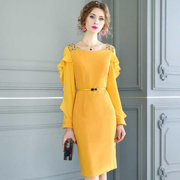 casual dresses 2021 spring women ruffles long sleeve sashes dress korean elegant slim pencil bodycon sheath vestidos k395, Black;gray
casual dresses 2021 spring women ruffles long sleeve sashes dress korean elegant slim pencil bodycon sheath vestidos k395, Black;gray