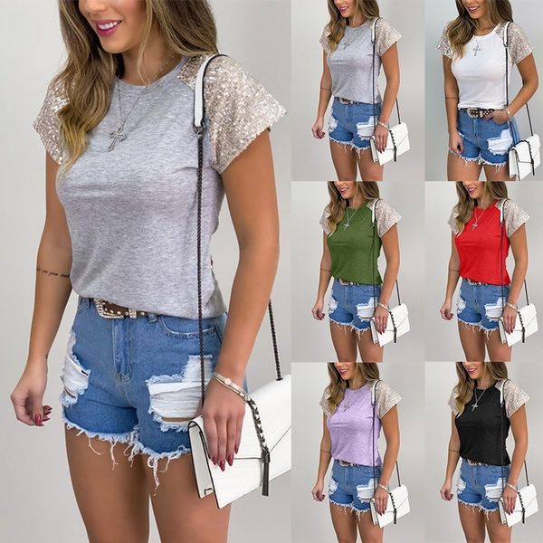 women's t shirts sequins short sleeve white black red summer plain fashion tee casual loose o-neck shirt c32
women's t shirts sequins short sleeve white black red summer plain fashion tee casual loose o-neck shirt c32