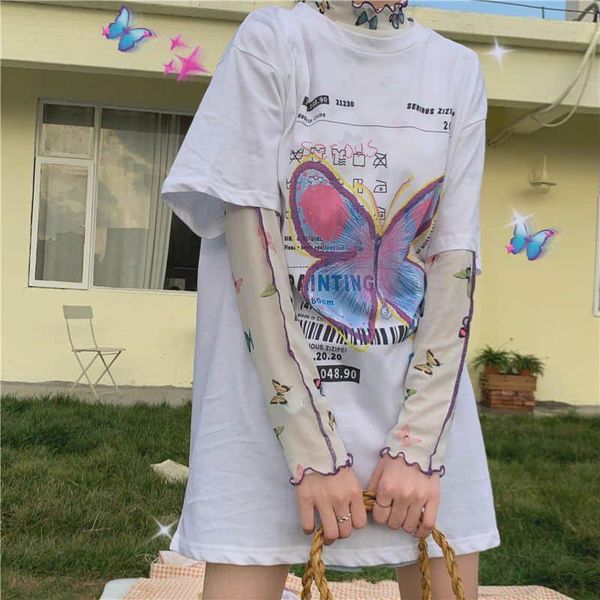 women's t-shirt summer korean curled mesh butterfly long-sleeved sunscreen shirt + print short-sleeved streetwear, White
women's t-shirt summer korean curled mesh butterfly long-sleeved sunscreen shirt + print short-sleeved streetwear, White